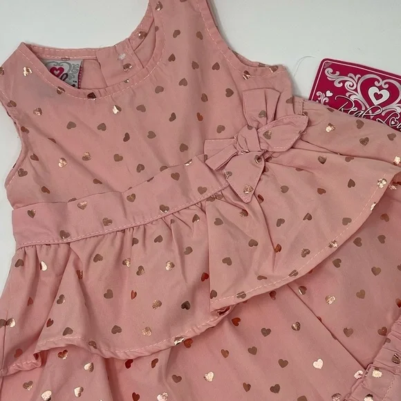 REAL LOVE PINK SHINY HEARTS DRESS & BLOOMERS RUFFLE & BOW SZ 12 MONTHS - Picture 11 of 11